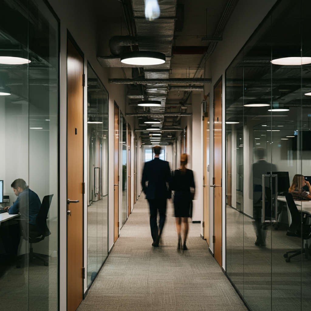 man and woman walking along modern office corridor
